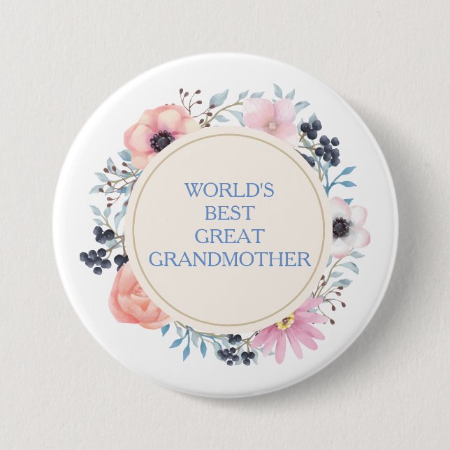 Pink Blue Floral Bouquet Best Great Grandmother Pinback Button (Front)