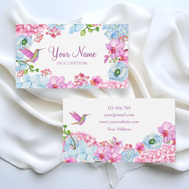 Pink blue floral branch with bird  business card (Creator Uploaded)