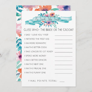 Pink Blue Floral Bridal Shower Game-He/She Said Invitation