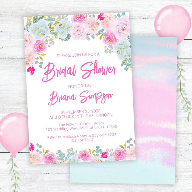 Pink Blue Floral Bridal Shower  Invitation (Creator Uploaded)
