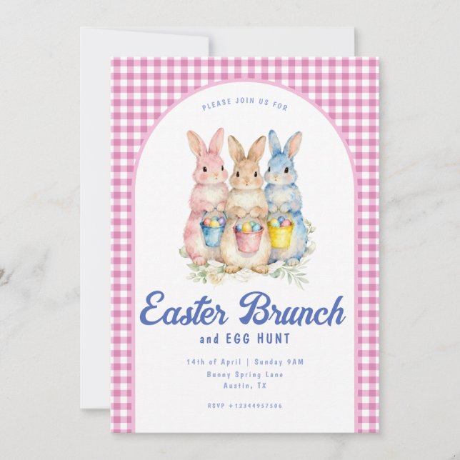Pink Blue Floral Bunny Watercolor Gingham Easter Invitation (Front)