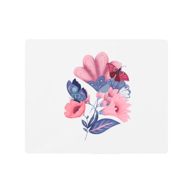 Pink Blue Floral Butterflies Folk Art Metal Print (Front)