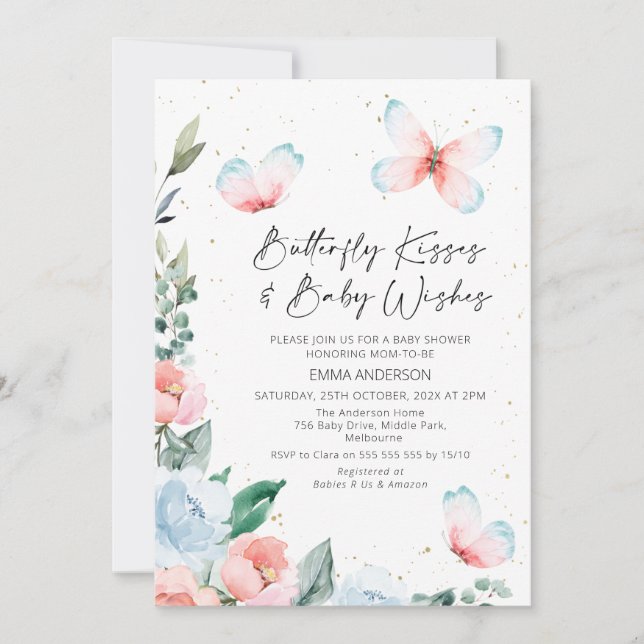 Pink Blue Floral Butterfly Kisses Baby Shower Invitation (Front)