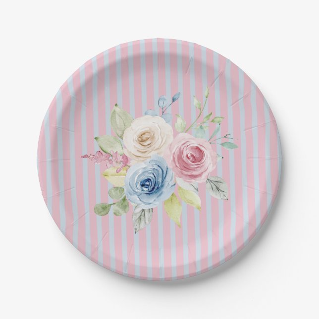 Pink Blue Floral coquette  Paper Plates (Front)