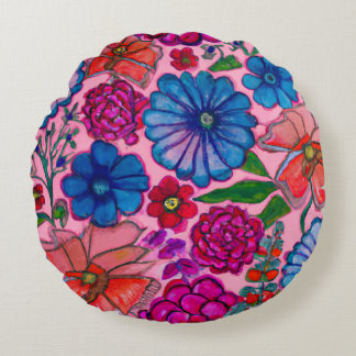 Pink & Blue Floral Design Round Pillow