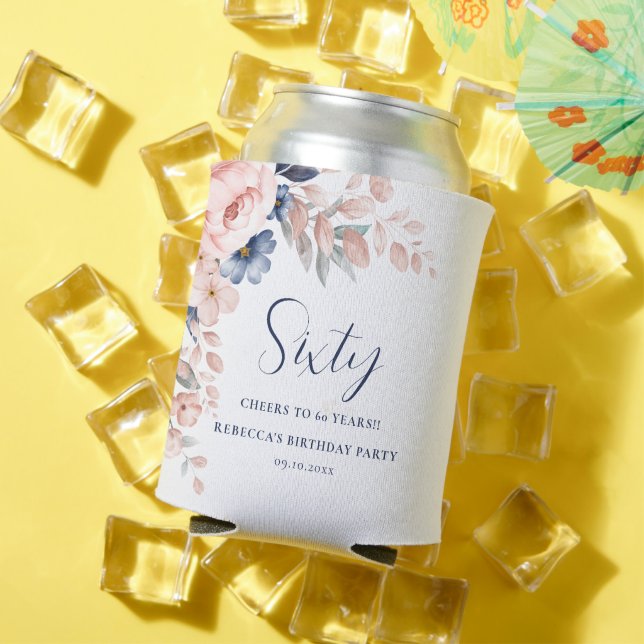 Pink Blue Floral Elegant Script 60th Birthday Can Cooler (In Situ Summer)