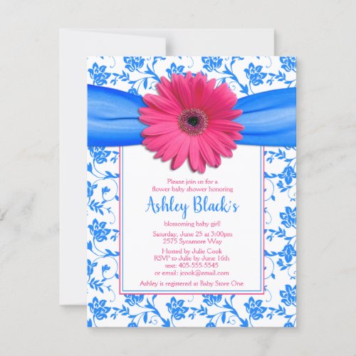 Pink Blue Floral Gerbera Daisy Baby Shower Invitation