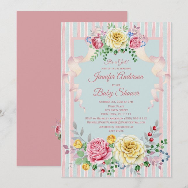 Pink Blue Floral Girl Baby Shower Invitation (Front/Back)