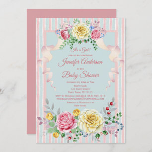 Pink Blue Floral Girl Baby Shower Invitation
