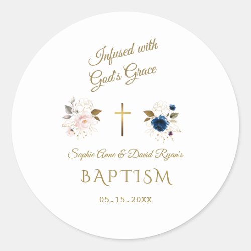 Pink Blue Floral Gold Calligraphy Twins Baptism Classic Round Sticker