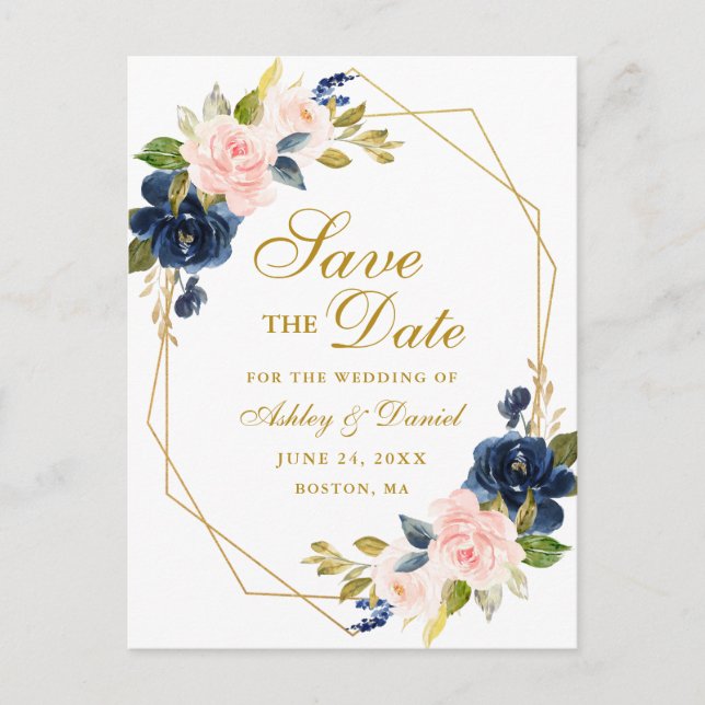 Pink Blue Floral Gold Frame Save the Date Postcard (Front)