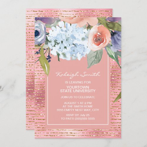 Pink Blue Floral Gold Glitter Girls Trunk Party Card