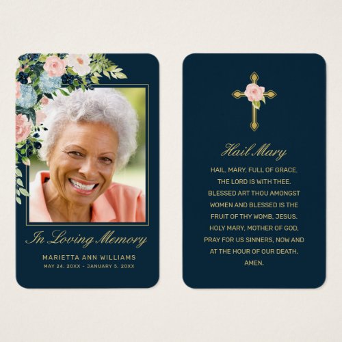 Pink Blue Floral Gold Script Photo Prayer Card