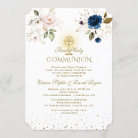 Pink Blue Floral Gold Twins First Holy Communion Invitation