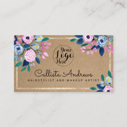 Pink Blue Floral Gold Watercolor Kraft Paper Business Card