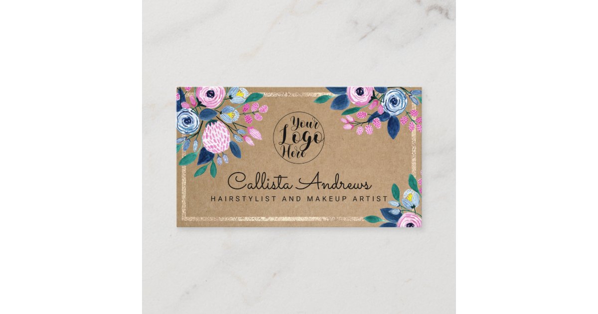 Pink Blue Floral Gold Watercolor Kraft Paper Business Card | Zazzle