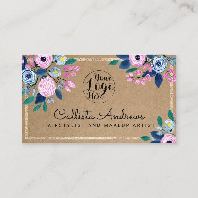 Pink Blue Floral Gold Watercolor Kraft Paper Business Card (Front)