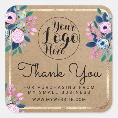 Pink Blue Floral Gold Watercolor Kraft Thank You Square Sticker