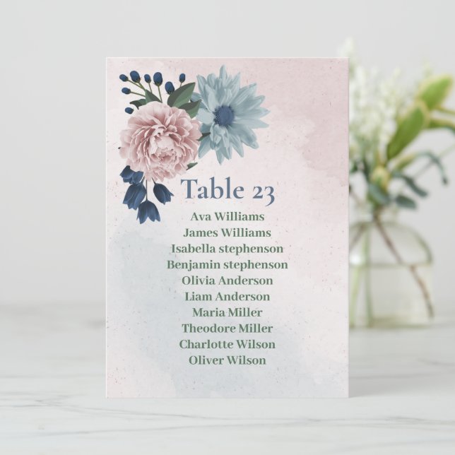 pink blue floral greenery seating chart card (Standing Front)