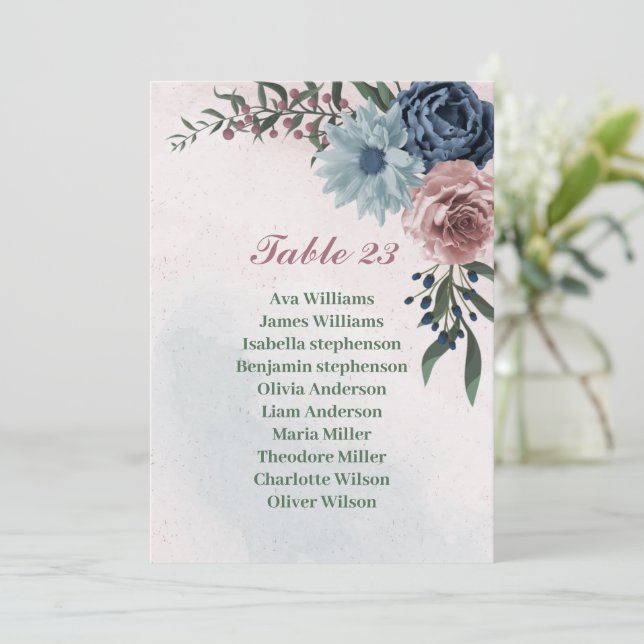  pink blue floral greenery seating chart card (Standing Front)