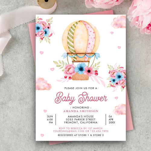 Pink Blue Floral Hot Air Balloon Girl Baby Shower Invitation