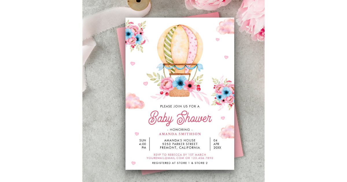 Pink Blue Floral Hot Air Balloon Girl Baby Shower Invitation | Zazzle