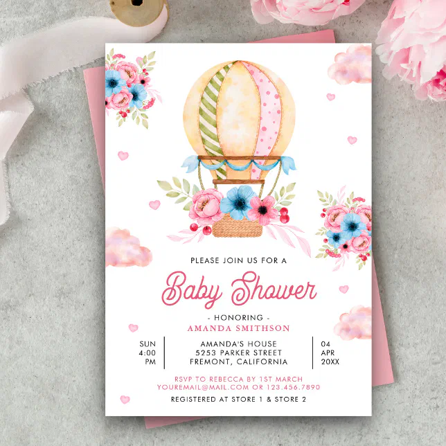 Pink Blue Floral Hot Air Balloon Girl Baby Shower Invitation | Zazzle