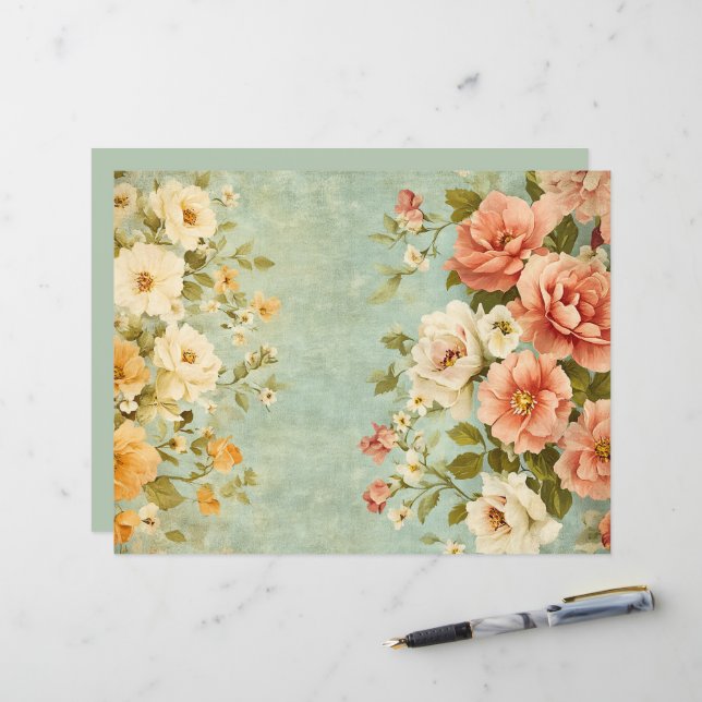 Pink Blue Floral Junk Journal Scrapbook Paper (Front/Back In Situ)