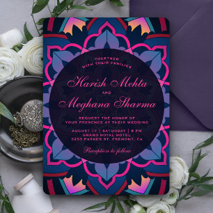 Pink Blue Floral Mandala Indian Wedding Invitation