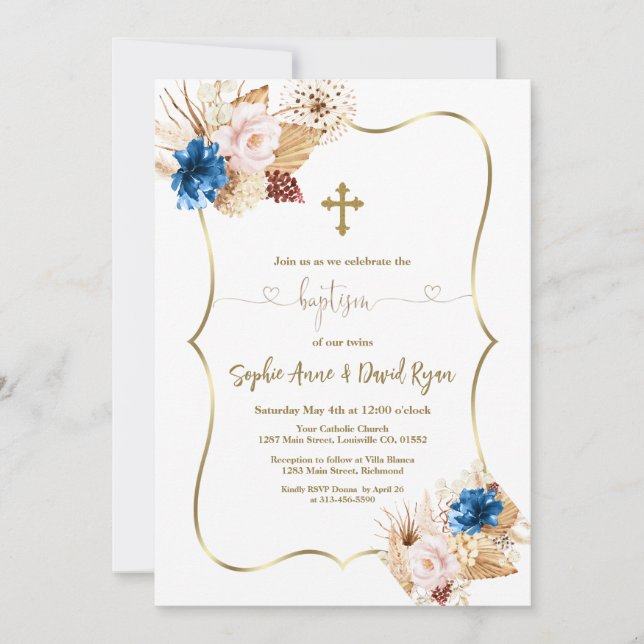 Pink Blue Floral Pampas Grass Calligraphy Baptism Invitation (Front)