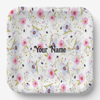 Pink, Blue Floral Pattern Paper Plates