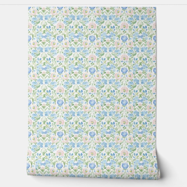 Pink Blue Floral Pattern Wallpaper (Unrolling)