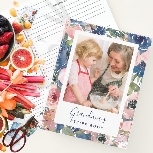 Pink Blue Floral Photo Grandma's Recipe Book (Creator Uploaded)
