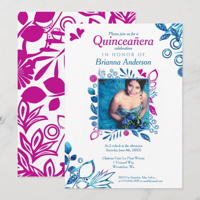 Pink & Blue Floral Quinceañera Invitation (Front/Back)