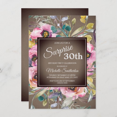 Pink Blue Floral Rustic Brown 30th Birthday Invitation