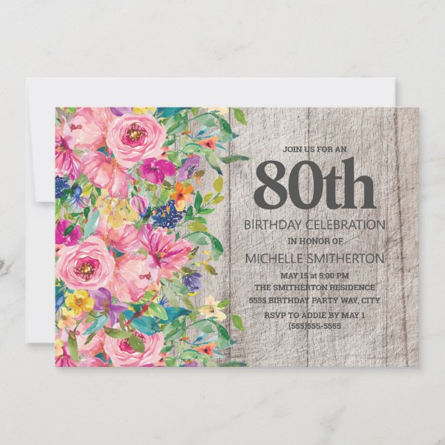 Pink Blue Floral Rustic Wood 80th Birthday Party Invitation (Front)