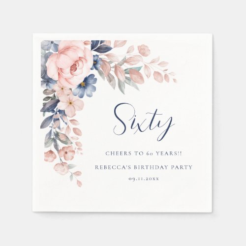 Pink Blue Floral Script 60th Birthday Party Paper Napkins