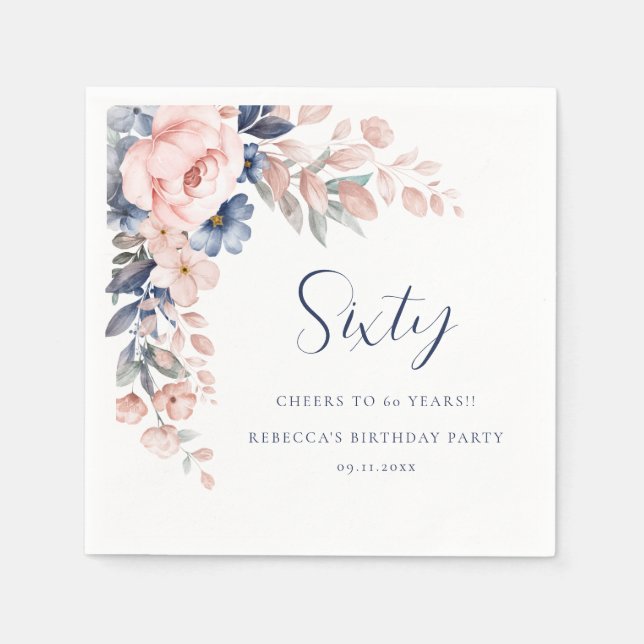 Pink Blue Floral Script 60th Birthday Party Paper Napkins (Front)