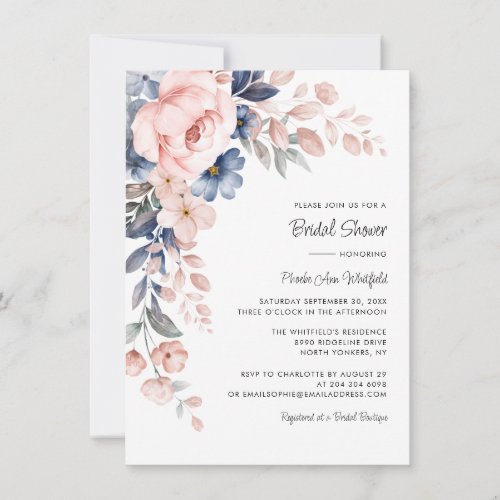 Pink Blue Floral Script Bridal Shower Invitation