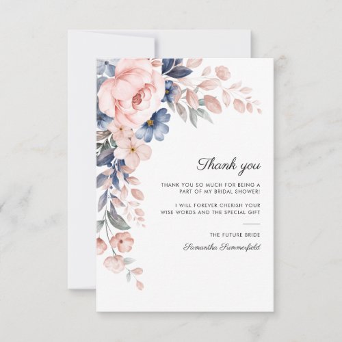 Pink Blue Floral Script Bridal Shower Thank You Card