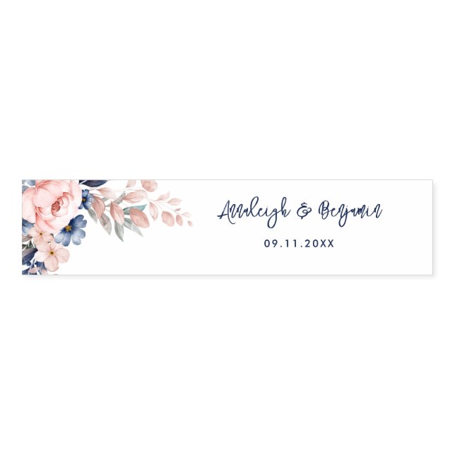 Pink Blue Floral Script Wedding Botanical Napkin Bands (Unfolded)