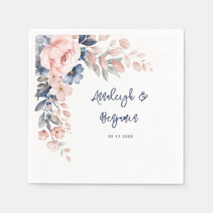 Pink Blue Floral Script Wedding Botanical Paper Napkins
