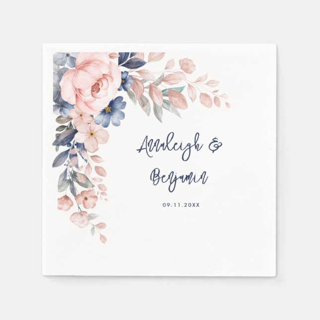Pink Blue Floral Script Wedding Botanical Paper Napkins (Front)