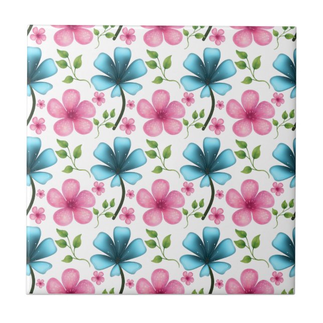 Pink & Blue Floral Seamless Pattern Ceramic Tile (Front)