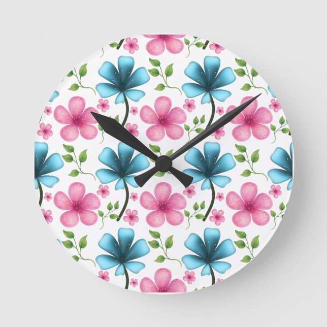 Pink & Blue Floral Seamless Pattern Round Clock (Front)