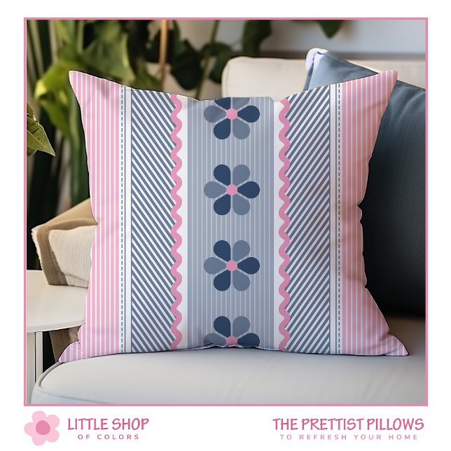 Pink Blue Floral Stripes Throw Pillow (Creator Uploaded)