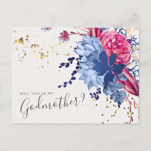 Pink Blue Floral Succulent Godmother Proposal Card