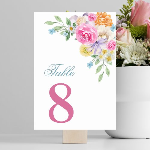 Pink  Blue Floral Summer Bloom Table 8 Wedding Table Number