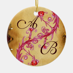 PINK BLUE FLORAL SWIRLS WEDDING SOUVENIR MONOGRAM CERAMIC ORNAMENT