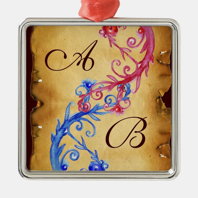 PINK BLUE FLORAL SWIRLS WEDDING SOUVENIR MONOGRAM METAL ORNAMENT (Front)